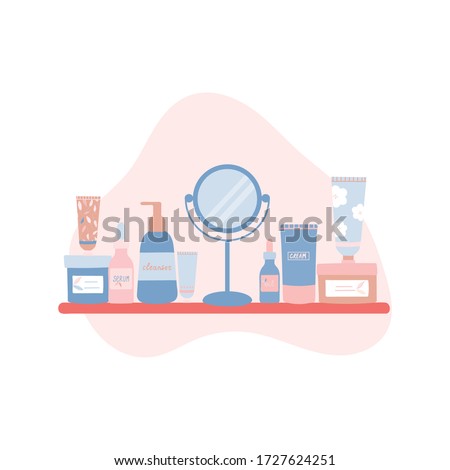 Composition with natural organic cosmetic products in bottles,tubes and jars for skin care and mirror on a shelf. Skincare routine set. Flat cartoon vector illustration.