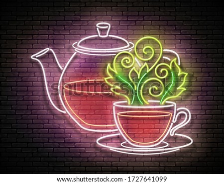 Vintage Glow Signboard with Ornate Glass Tea Pot and Cup. Cafe Label, Herbal Drink. Neon Poster, Flyer, Banner, Postcard, Invitation. Brick Wall. Vector 3d Illustration. Clipping Mask, Editable