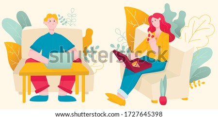 Vector flat illustration of people at home. Spend time on the couch with a pizza or laptop. Young man and woman rest and work.