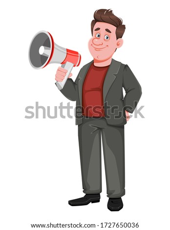 Smiling middle aged businessman holding loudspeaker. Happy handsome business man cartoon character. Vector illustration