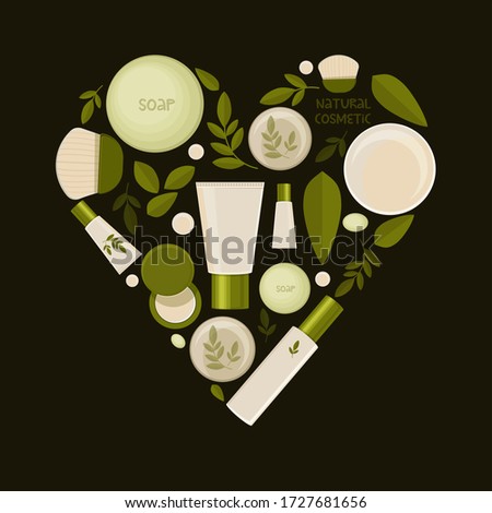 Heart of Natural skin care products in green with flying leaves and liquid on black background. Lovely clip art. Flat illustration.