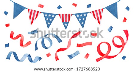 Water color illustration pack with United States flag bunting and red and blue confetti. Hand painted watercolour graphic drawing on white, cut out clipart elements for design, print, card, poster.