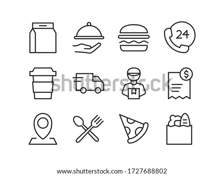 Food delivery icon set. Contains such Icons as grocery, fast food, courier, and more. Line style design. Vector graphic illustration. Suitable for website design, app, template, ui. Editable stroke.