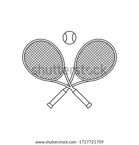 Vector flat crossed outline tennis racket and ball isolated on white background