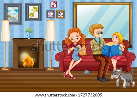Family member cartoon character in living room illustration
