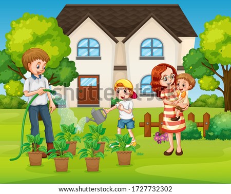 Family member cartoon character in the garden illustration