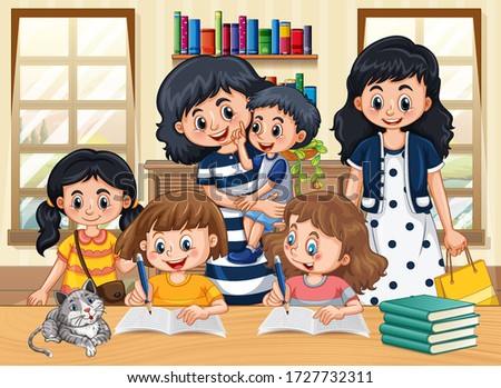 Family member with kids doing homework cartoon character in living room illustration