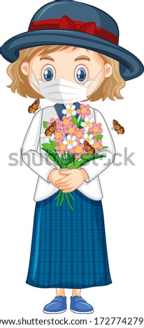 Girl wearing mask holding flowers illustration