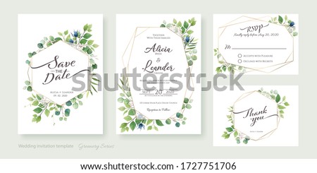 Set of floral wedding Invitation card, save the date, thank you, rsvp template. Vector. Greenery, leaves. Royalty-Free Stock Photo #1727751706