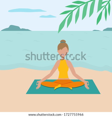 Girl in lotus position sits by the sea under a palm tree. Girl is meditating. Vector illustration.