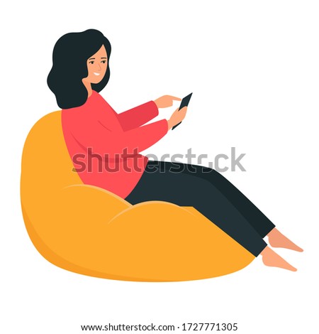 The girl is sitting on a bean bag chair. Frameless furniture. A woman holds a smartphone in her hand. illustration on a white background.
