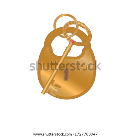 Cartoon padlock with key. Yellow or golden closed door lock. Vector illustration. Stock Photo.