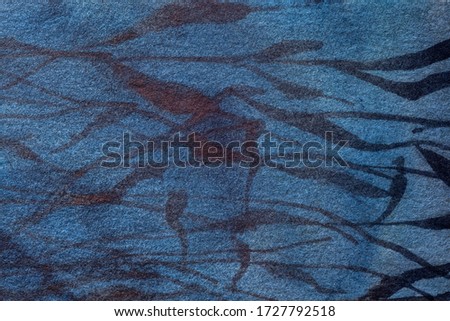 Abstract art background navy blue colors. Watercolor painting on canvas with black lines and gradient. Fragment of denim artwork on paper with waves pattern. Texture backdrop, macro.