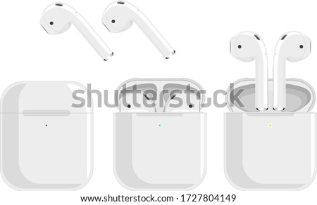 white wireless headphones, earbuds in the charging case, three pictures of removing the headphones on a white background. Bluetooth headphones in a flat design Royalty-Free Stock Photo #1727804149