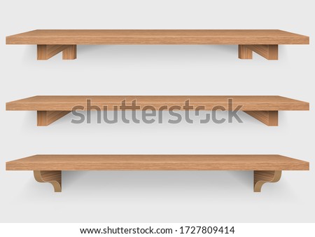 empty wooden shelf with wood mounting bracket isolated on white background, Vector Illustration Royalty-Free Stock Photo #1727809414