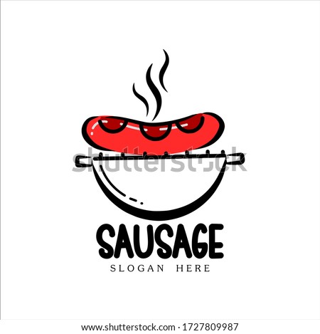 Sausage logo, grilled sausages with smoke
