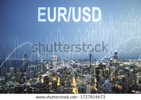 Abstract virtual EURO USD financial chart illustration on Chicago skyline background. Trading and currency concept. Multiexposure