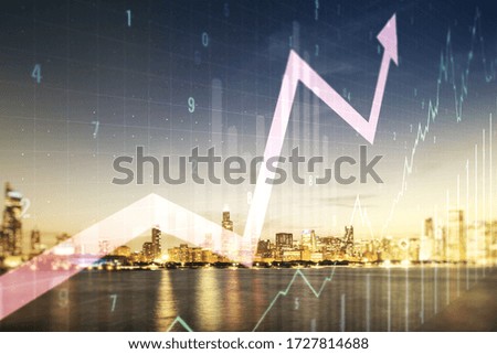 Multi exposure of virtual abstract financial chart and upward arrow interface on Chicago skyscrapers background, rise and breakthrough concept