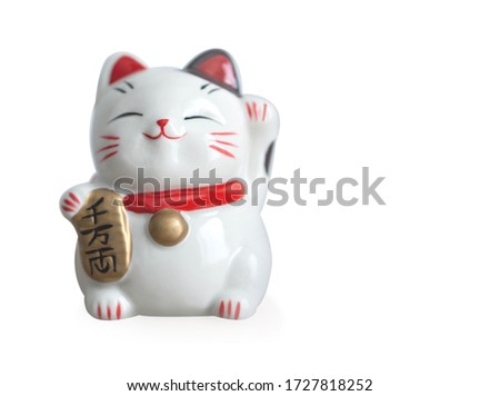 Maneki neko lucky cat show text on hand meaning rich on white background, select focus
