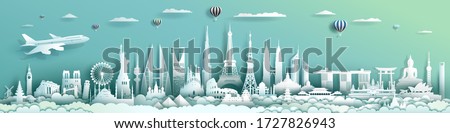 Travel landmarks architecture world with turquoise background, Important architecture monuments of the world, Tourism with panorama paper cut style for travel poster and postcard, Vector illustration. Royalty-Free Stock Photo #1727826943
