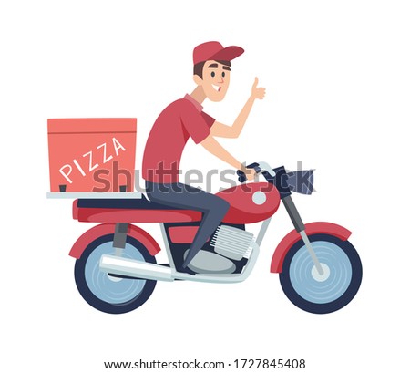Delivery boy on motorcycle. Man ride on scooter. Isolated flat man delivers pizza vector illustration