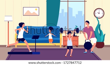 Family home workout. Mom dad son daughter sports training in living room. Joyful active people, running, jumping rope, strength exercises vector illustration