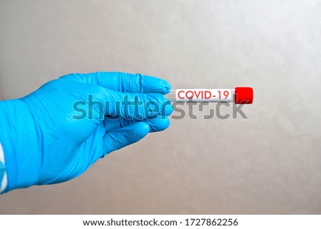 Hand in blue medical disposable rubber gloves holding a blank test tube to collect analyzes on a gray background with the inscription COVID-19.