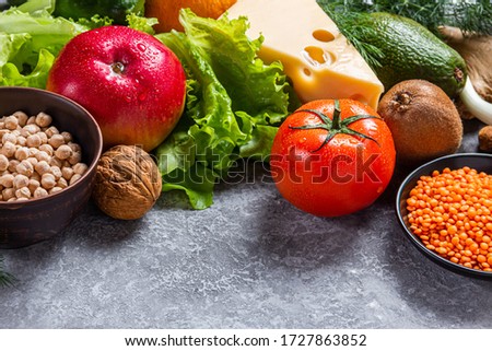 Dietary balance picture with fruits, vegetables and seeds