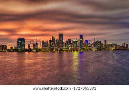 Miami Skyline at night sunset. Miami, Florida, USA skyline on Biscayne Bay