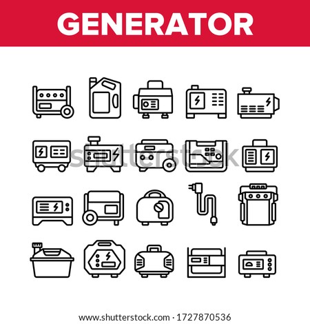 Portable Generator Collection Icons Set Vector. Generator Equipment For Generating Electricity, Fuel Bottle Package And Electrical Cord Concept Linear Pictograms. Monochrome Contour Illustrations Royalty-Free Stock Photo #1727870536