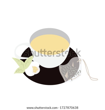 Hand-drawn mug and saucer. Camellia sinensis flower. Brewed Chinese green tea in a bag. Vector illustration isolated on a white background.