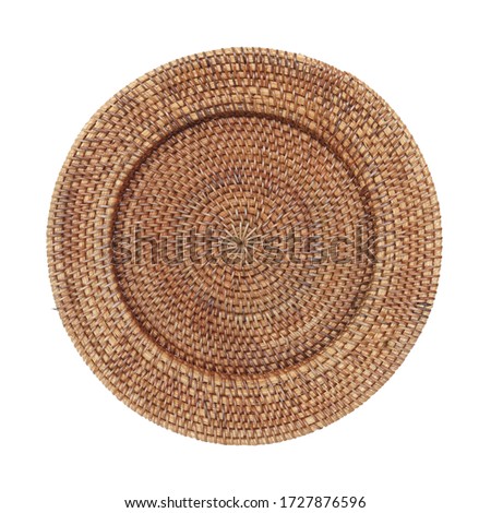 rattan dish plate, isolated on white background. Flat Lay. Details of modern boho scandinavian and bohemian style, eco design interior