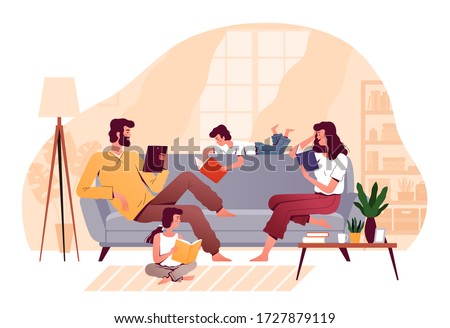 Family reads books at home in the living room. Family book club. Parents and children spend time together Royalty-Free Stock Photo #1727879119