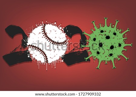 Abstract numbers 2020 and coronavirus sign with baseball ball made of blots. Stop covid-19 outbreak. Caution risk disease 2019-nCoV. Cancellation of sports tournaments. Vector illustration