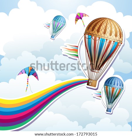 Colorful hot air balloon with silhouette background 