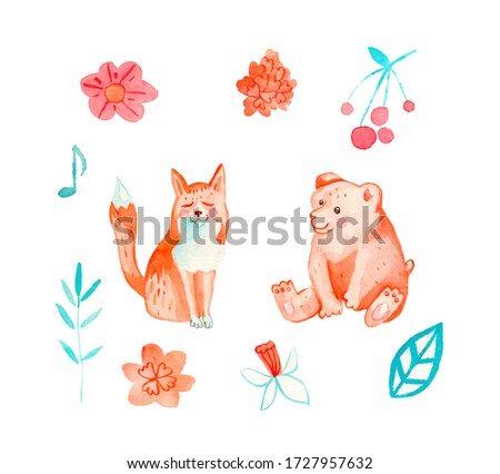 Watercolor set cute foxes, bear, flowers and berries. Forest animals in gentle shades. Clip art animalistic illustrations hand drawn on a white isolated background. Design for packaging, card.