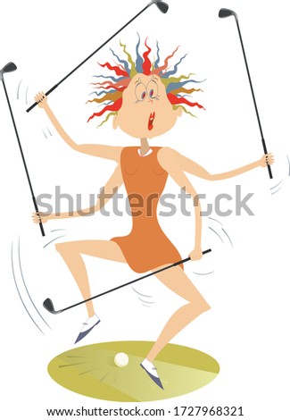 Super golfer woman is playing golf by many clubs illustration. Funny golfer woman with many hands and golf clubs isolated on white
