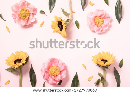 Flower layout in flat style on pastel pink background. Minimal nature flatlay. Creative summer flat lay and top view background.