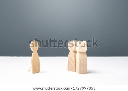 Two persons looking at a false human figure. Unreliability, deceit and fraud. Unworthy of trust and confusing people around. Communication difficulties, Absence. a Dummy. Royalty-Free Stock Photo #1727997853