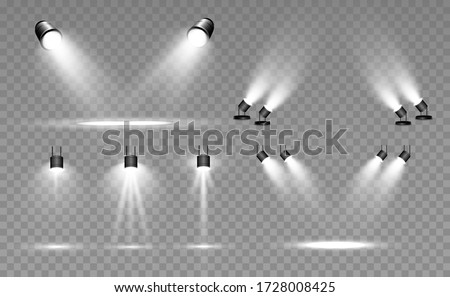 Searchlight collection for stage lighting, light transparent effects. Bright beautiful lighting with spotlights. Royalty-Free Stock Photo #1728008425