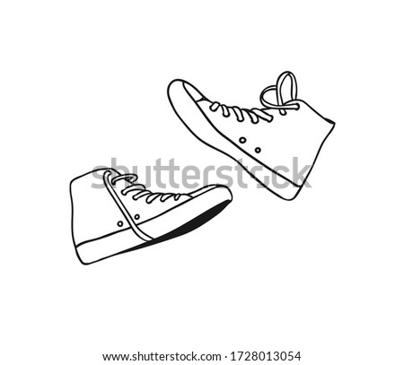 Hand Drawn Fashion Illustration Season Sneakers. Creative ink art work Summer Outfit Element. Actual  drawing shoes. Black contour object on white background isolated