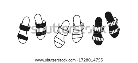 Hand Drawn Fashion Illustration Season Flip Flops. Creative ink art work Summer Outfit Element. Actual drawing shoes. Black contour object on white background isolated