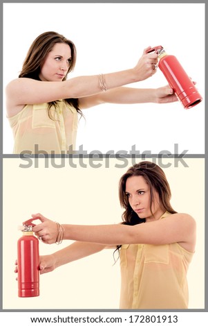 woman holding fire extinguisher