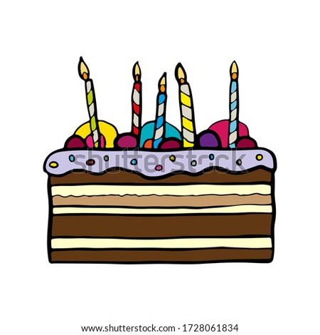 Multicolored cartoon cake with candles. Side view. Hand drawn vector graphic illustration. Isolated object on a white background. Isolate.