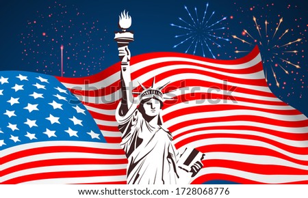 4th of July USA Independence Day Vector Background With liberty of statue, American Flag and Fire Works for banner, poster, advertisement, promotion, brochure, discount, sale