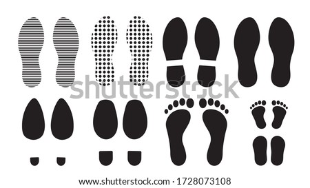 Footprints human silhouette, vector set, isolated on white background. Shoe soles print. Foot print tread, boots, sneakers. Impression icon barefoot. Royalty-Free Stock Photo #1728073108