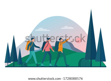 Eco tourism and eco traveling concept. Eco friendly tourism in wild nature, Hicking and canoeing. Tourist with backpack and tent. Vector illustration. Royalty-Free Stock Photo #1728088576