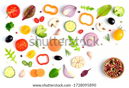 Food pattern with raw fresh ingredients of salad - tomato, cucumber, onion, herbs and spices. Vegetables isolated on white background. Healthy eating concept. Flat lay, top view. Royalty-Free Stock Photo #1728095890