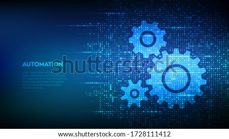Automation Software background. Gears icons made with binary code. IOT and Automation concept. Digital binary data and streaming digital code. Matrix background with digits 1.0. Vector Illustration. Royalty-Free Stock Photo #1728111412