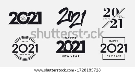 Big Set of 2021 Happy New Year logo text design. 2021 number design template. Collection of 2021 happy new year symbols. Vector illustration with black labels isolated on white background.  Royalty-Free Stock Photo #1728185728